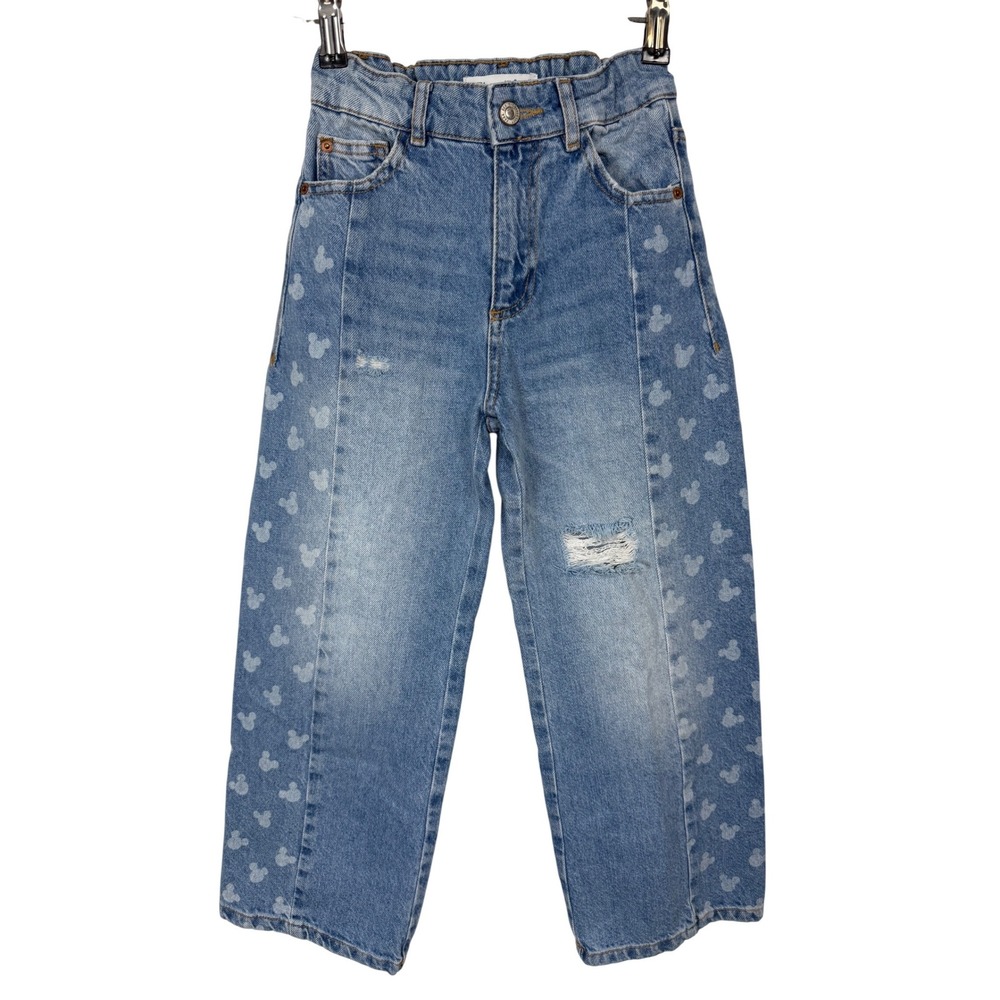 Zara Disney Mickey Mouse Girls Jeans Size 9 Blue Distressed Barrel Leg‎ Denim